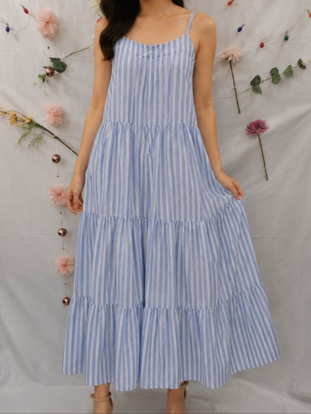 Blue & White Striped Tiered Maxi Dress